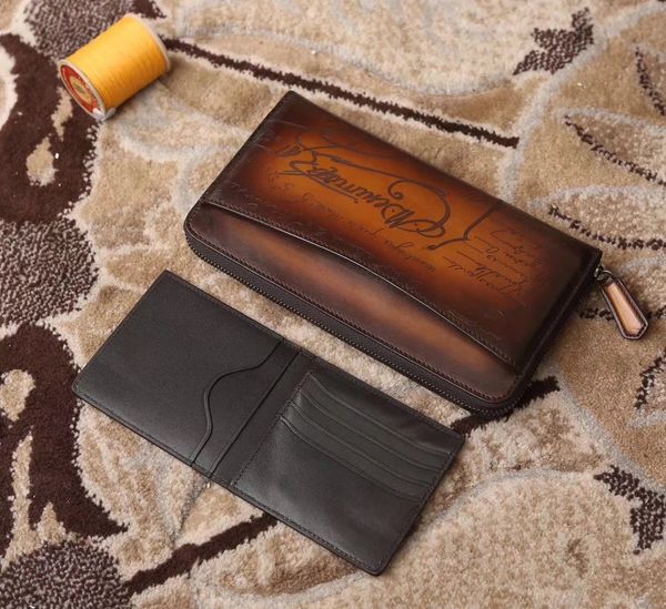 

Pure handmade wallet ITAUBA 2-in-1 zipper wallet with ancient coloring method consists of two completely independent parts, which are both wallets and clips, Blue gilt character