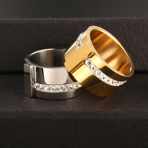 

luxury one row cubic zirconia wide rings for women silver color stainless steel female women finger ring for wedding bands mujer, Golden;silver