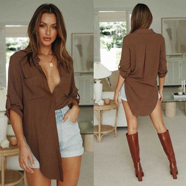 

womens clothing blouses fashion long sleeve single breasted irregular shirt, White