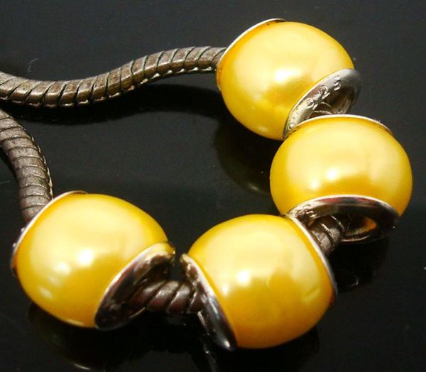 

200pcs lot beautiful acrylic yellow imitation pearl beads silver core loose european big hole charms beads for jewelry making low9002855, Black