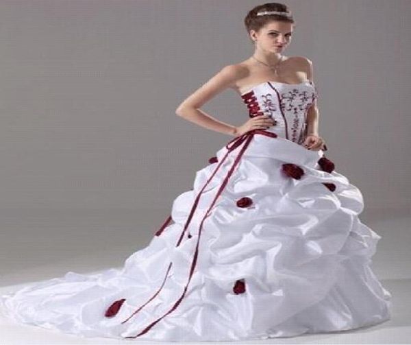 

new strapless white with red embroidery and red rose flowers organza draped aline bride039s wedding dresses3779646