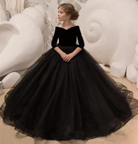 

cute black princess ball gown kids pageant dress with elegant half sleeves for flower girls age, White;blue