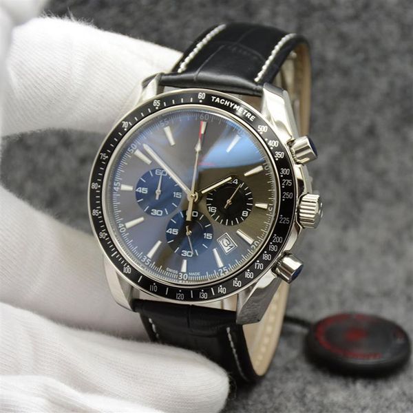 

44mm quartz chronograph date mens watches grey dial black leather band fixed bezel with a ring showing tachymeter markings312j, Slivery;brown