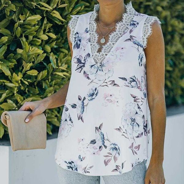 

womens vest summer tanks shiying pattern print outer wear loose lace v neck, White