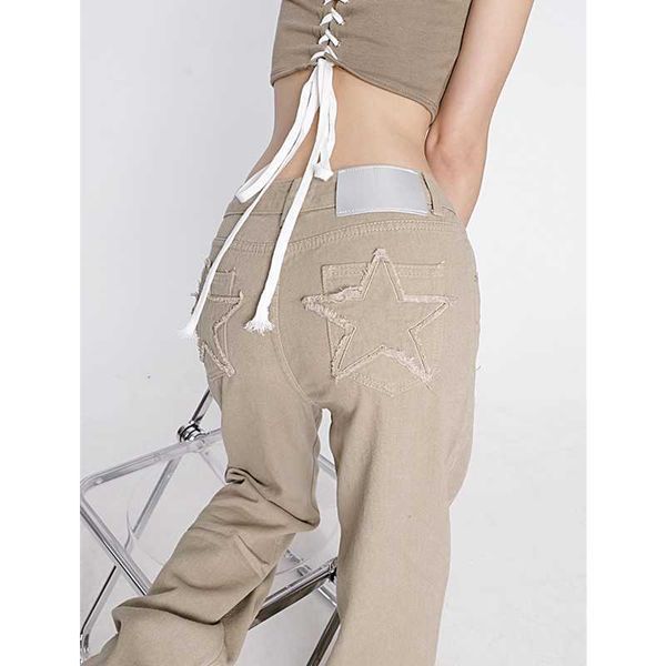 

women's khaki wide leg jeans star pocket vintage straight pants high waist baggy streetwear casual brown denim trouser ladies, Blue