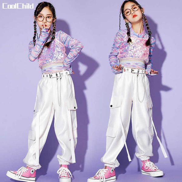 

girls pink crop sequin camisole hip hop sweatshirt jogger clothes sets kids street dance pants wear child stage costumes p230331, White