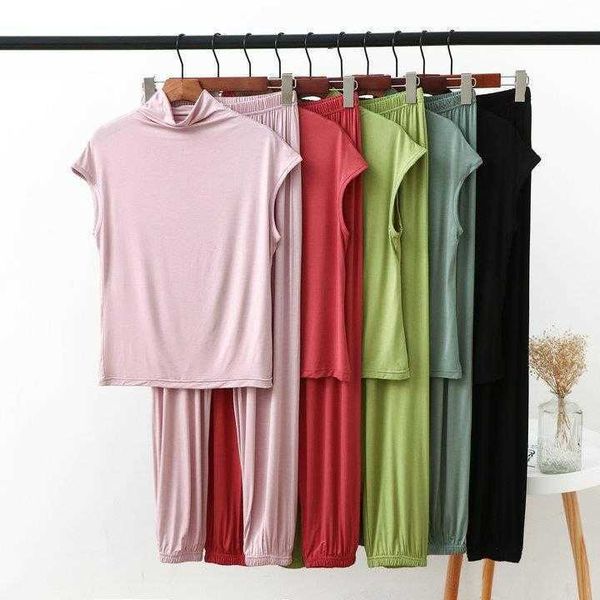 

modal plus size solid color homewear suit turtleneck sleeveless bottoming