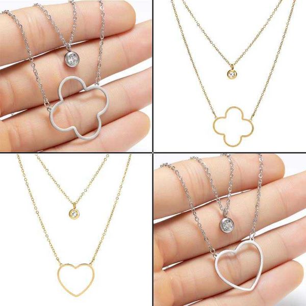 

ins female small delicate hollow out four leaf grass five point star love necklace stainless steel pendant, Silver