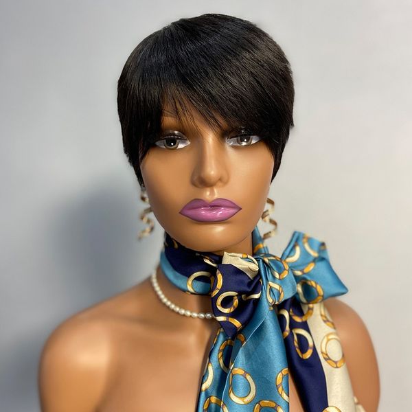 

african wig human hair wig short hair pixie cut, Black;brown