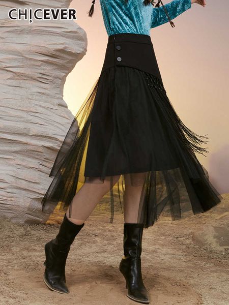 

chicever solid skirts for women high waist patchwork mesh minimalist loose mid skirt female autumn clothing fashion style 2023, Black