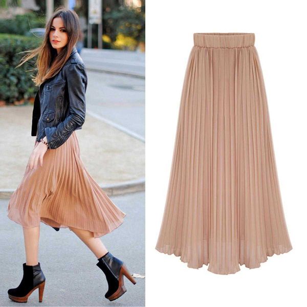 

summer womens skirt pleated folding easy matching waisted chiffon, Black
