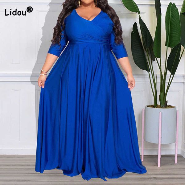 

evening party solid color v-neck high waist three quarter sleeve pullover maxi princess dress plus size women's clothing, Black