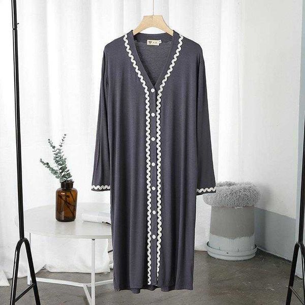 

modal pajamas dress spring and autumn homewear buckle outer casual loose mid