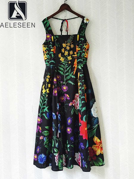 

rukas bohemian summer women dress 2023 runway fashion spaghetti strap colorful flower print beading crystal black long party, White;black