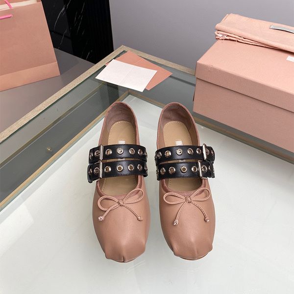 

Mirror Quality Women Ballet Shoes Flat Sandals Buckle Solid Lady Pumps Genuine leather Fashion Slides Sweetie Bow Casual Dress shoes With box EU 35-40, Pink