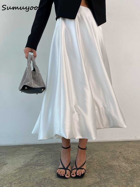 

sumuyoo fashion beige satin skirts for women elegant high waist office lady ankle-length skirt casual loose skirt female clothes, Black
