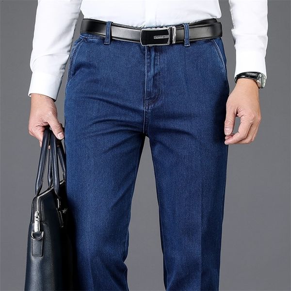 

men's jeans classic style autumn winter men's thick waist jeans business casual jeans stretch straight pants men's brand pant, Blue