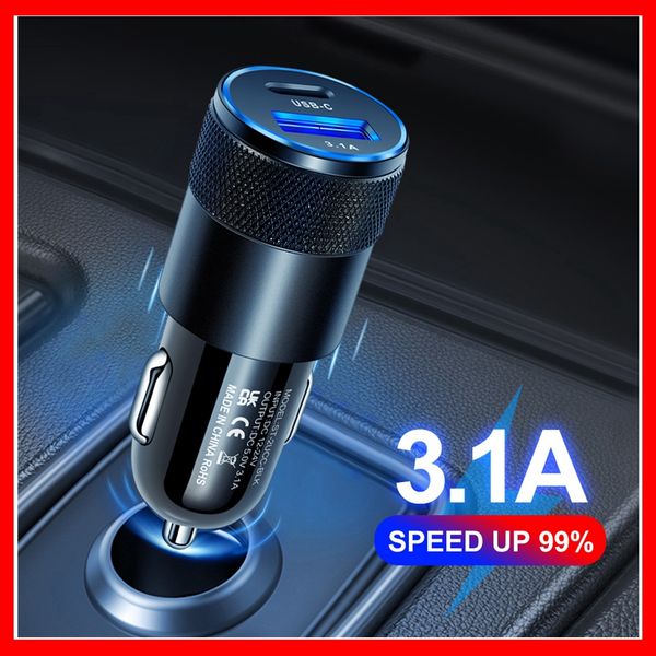 

new 3.1a usb pd metal car charger one tow two type-c aluminum alloy gun threaded car charger for mobile phone car-charges car-charger car ch