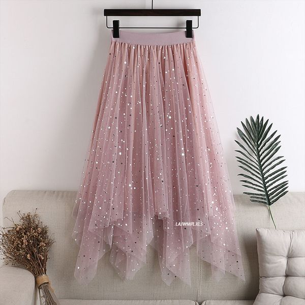 

skirts premium plus size elastic high waist long tulle skiing summer women's fashion star sequins irregular hem net tutu skiing 230403, Black