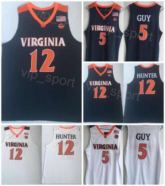 

college basketball 12 deandre hunter jersey virginia cavaliers 5 kyle guy stitched team navy blue white color university sport breathable sh, Black