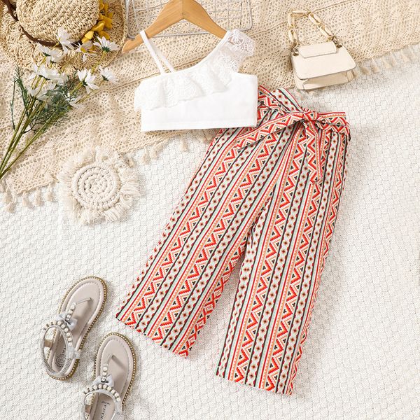 

girl kid clothing set kids diagonal shoulder strap ethnic style pants girls designer baby clothes children tracksuit striped plaid summer ou, White