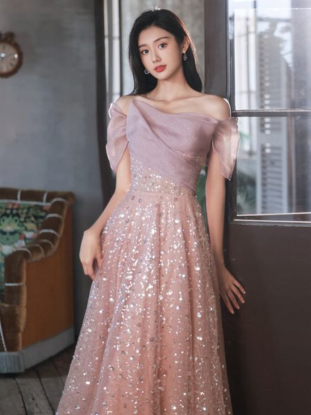 

pink bridesmaid dresses elegant off shoulder shiny sequin long a-line luxury lace engagement evening prom dance party toast gowns, White;pink