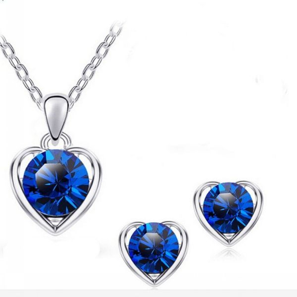 

12 sets/lot heart-shaped pendant necklace ear studs inlaid rhinestone crystal twinkle decorate adjeustable length american style elegant orn, Silver