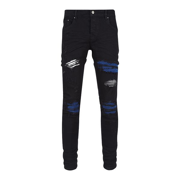 

men's jeans designers jean hombre trousers men embroidery patchwork ripped for trend brand motorcycle pant mens 04, Blue