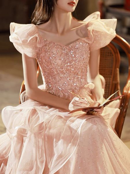 

pink bridesmaid dresses flare sleeves women's sequins tiered slim a-line banquet elegant formal female shiny evening party gowns, White;pink