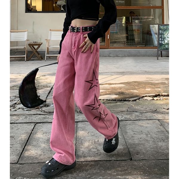 

women's jeans vintage pink high waist women jeans star print american fashion streetwear wide leg jean female denim trouser baggy denim, Blue