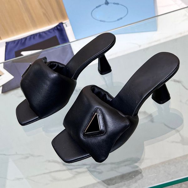 

luxurys womens sandals stiletto heel height 6cm slippers designer sheepskin slip on triangular-shaped slides square toes mule for party quil, Black