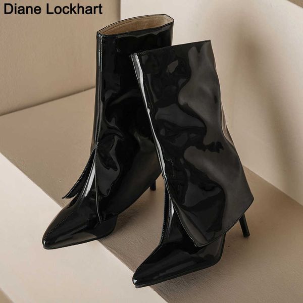 

new thin heel pointed toe booties patent leather women shoes calf mid stiletto boots female chelsea fold ankle boot dropship 230403, Black