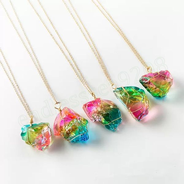 

rainbow stone pendant necklace irregular quartz stone crystal gemstone necklaces clothes chain for women, Silver