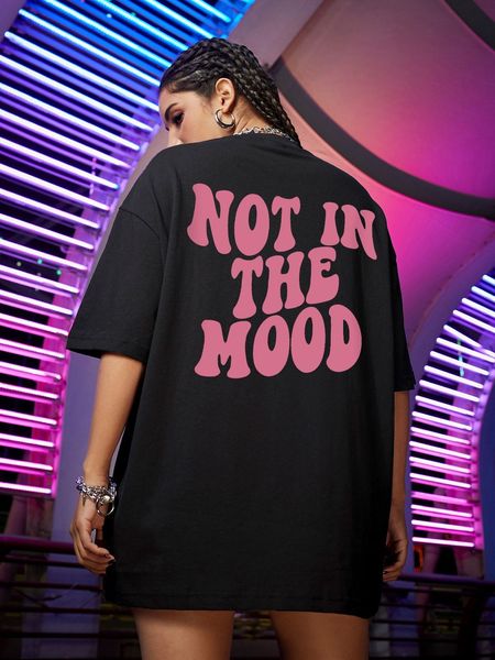 

women's t-shirt not in the mood pink letter print t-shirts women 100% cotton shoulder drop short sleeve loose oversized tee shirt hip h, White