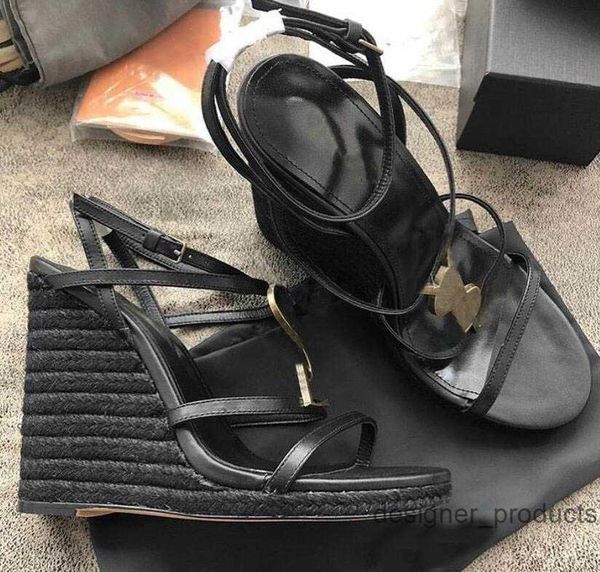 

22s cassandra wedge espadrilles designer sandals leather pumps straw weaving parting wedding dress shoes ankle strap platform gladiator sand, Black