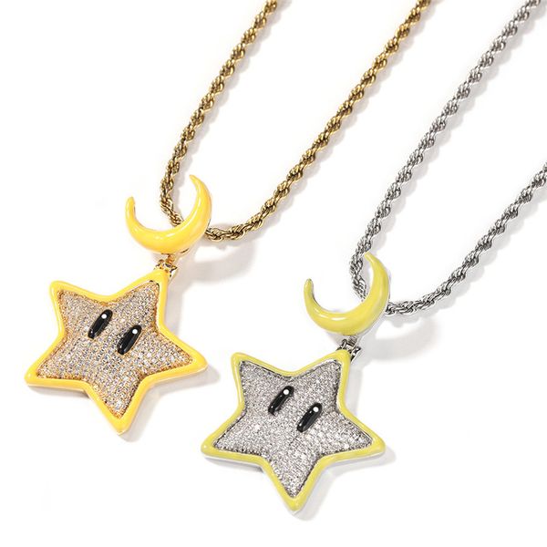 

hip hop iced out zircon necklace cartoon start fashion glow star diamond bronze material jewelry, Silver