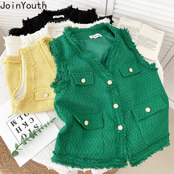 

women's vests women's v-neck sleeveless tweed single breasted fringed waistcoat mujer korean temperature jacket women's 230, Black;white