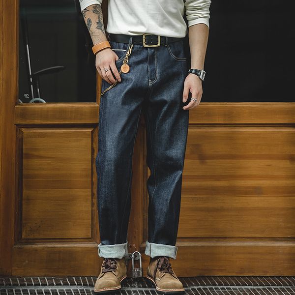 

men's jeans maden indigo vintage hem jeans men's commodity sales denim jeans slim fit straight jeans 13.5 oz denim mid waist 23040, Blue