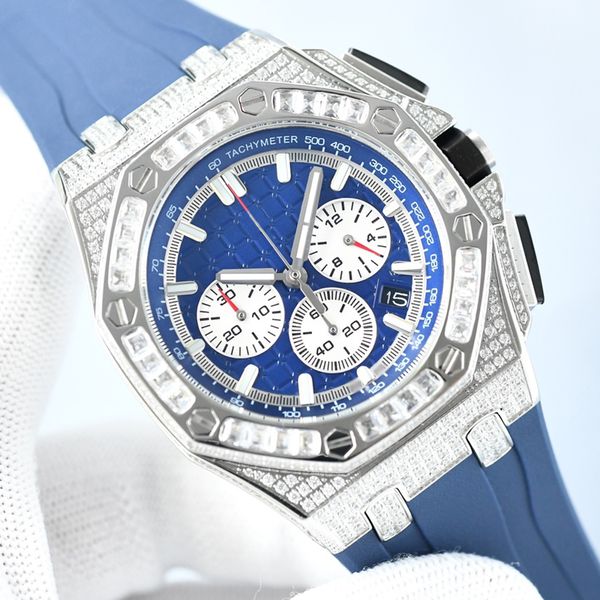 

iced out blue case watch mens luxury royal diamonds watches japan quartz movement with chronograph function swatch 45mm montre de luxe all s, Slivery;brown