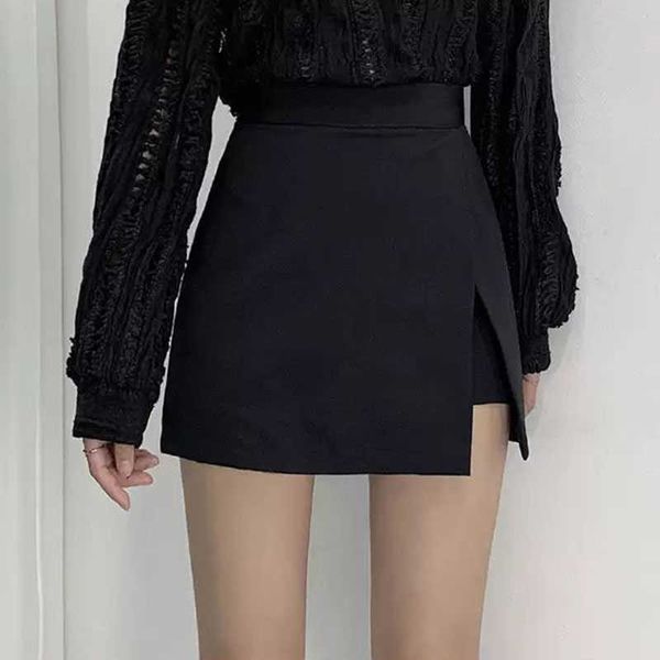 

skirts irregular short skirt women 2023 summer korean style trendy chic ol high waist skirts female solid side-slit stretchy mini skirt p230, Black