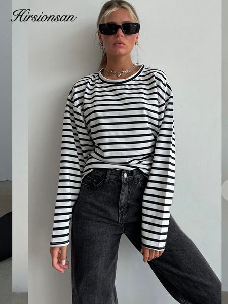 

women's t-shirt hirsionsan long sleeve striped t shirt women spring summer oversized 100% cotton tshirts female casual chic tees girls, White