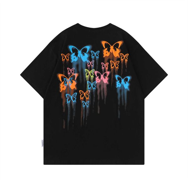 

american graffiti gradient butterfly print short sleeve t-shirt men's and women's ins fashion loose blouse couple t-shirt top, Black;white