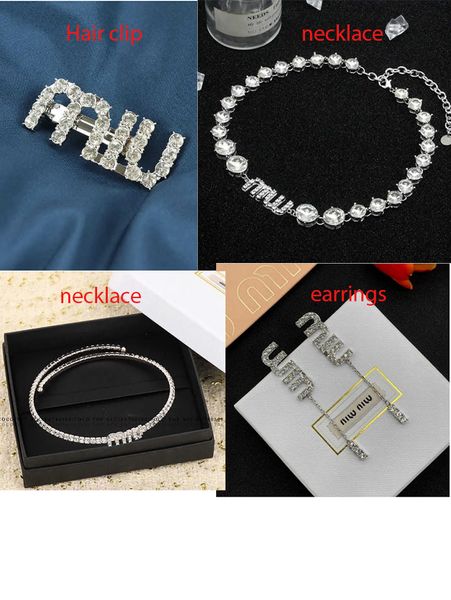 

designer mius jewelry set hair clip necklace earrings miu's letter collar necklace is of diamonds famous ladies' style inlaid smal, Silver