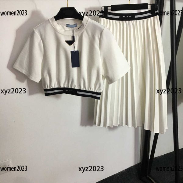 

designer dress for women girl simple skirt set new arrival summer suit waistband t-shirt and pleated skirt size s-l mar29, White