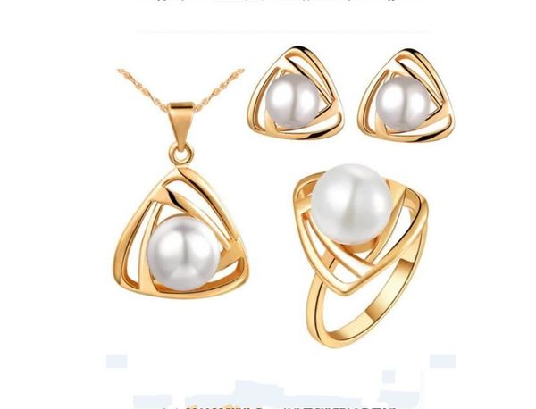

6 style hollow triangle pendant necklace ear studs ring sets inlaid imitation pearl noble and elegant decorate adjeustable length european s, Silver