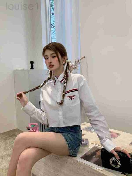 

women's knits & tees designer 23 spring/summer new stereoscopic embroidery contrast velvet stripe hem ragged long sleeve short versatil, White