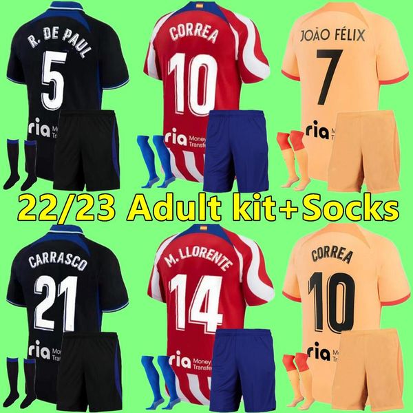 

joao felix 22 23 soccer jerseys 2022 2023 m. llorente suarez correa camiseta football shirts men kids kit set griezmann r. de paul cunha car, Black