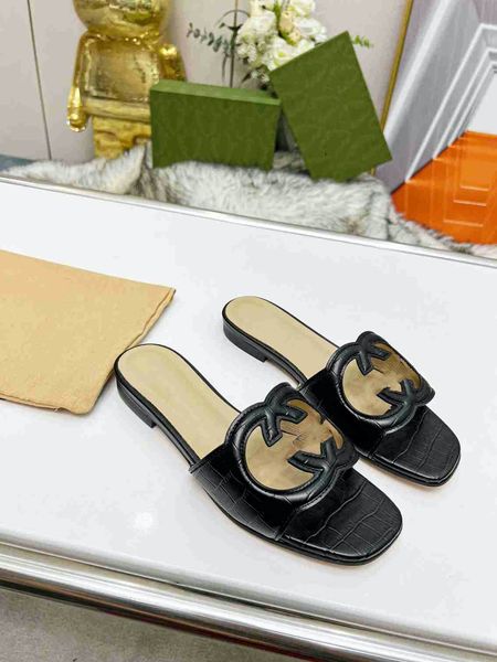 

designer luxury sandals flats shoes mules slippers beach genuine leather flip flops thongs women's interlocking g cut-out slide sandal, Black