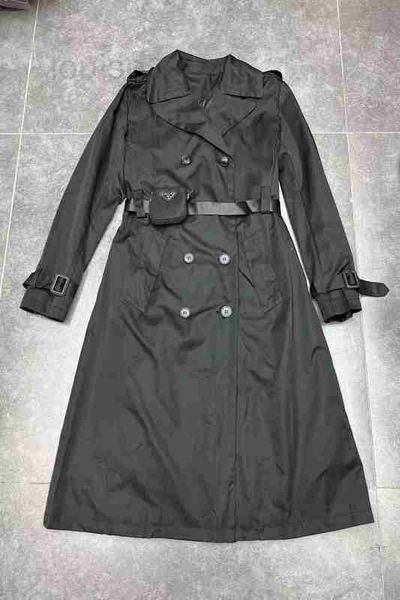 

women's cape designer 23 early spring new classic nylon series triangle bag belt decoration long thin trench coat e0a6, Black