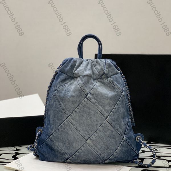 

10a mirror quality designers small backpack womens blue denim quilted purse luxury handbag double chain strap shoulder bag with silver tone